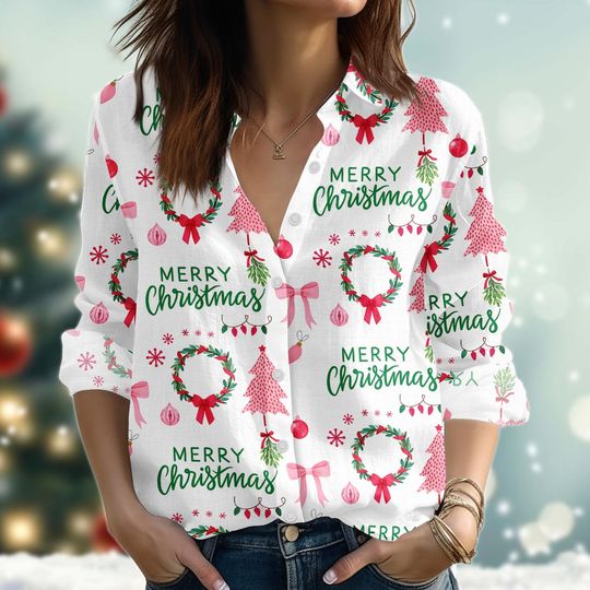 Discover Cute Merry Christmas Blouse Shirt, Disney Pink Christmas Tree Women Shirt, Xmas Wreath Linen-Look Shirt, Xmas Party Button Down Shirt