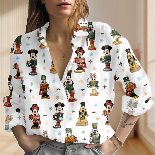Discover Mickey and Friends Nutcracker Linen-Look Shirt, Disney Mickey and Friends Lights Xmas Blouse Tops Women, Mickey Soldier Casual Shirt