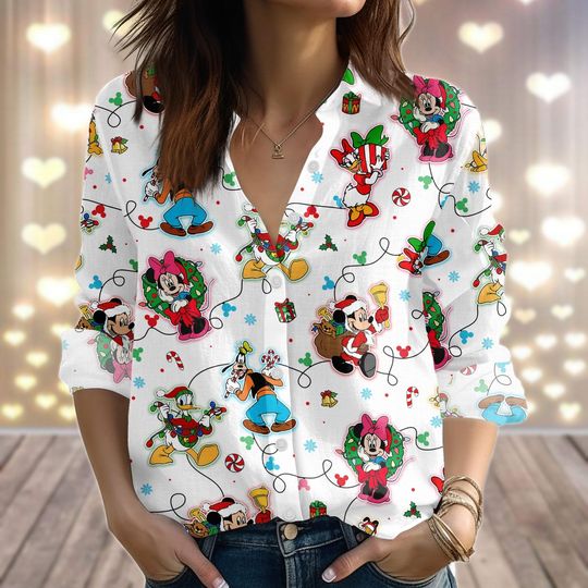 Discover Mickey And Friends Lights Christmas Linen-Look Shirt, Mickey Minnie Pluto Donald Blouse Shirt, Magic Castle Women Shirt, Xmas Gifts
