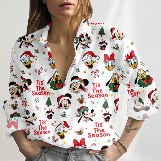 Discover Mickey Mouse Christmas Linen-Look Shirt, Disney Family Xmas Women Shirt, Mickey Minnie Blouse Top, Xmas Disneyland Button Shirt For Her