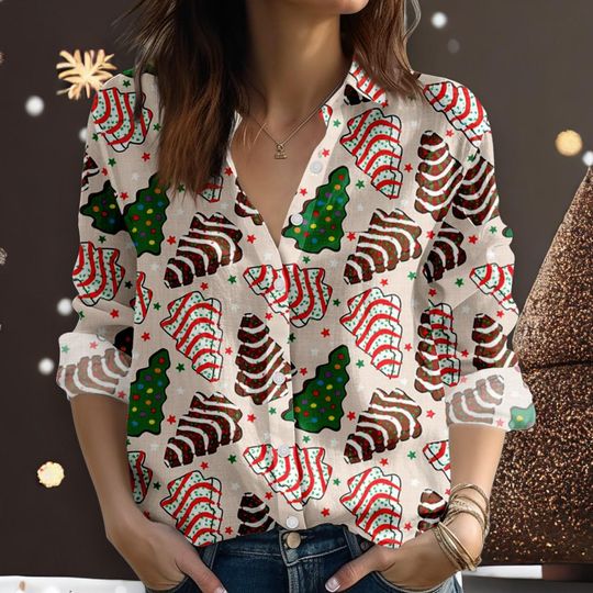 Christmas Tree Button-Up Shirt for Women, Holiday Long Sleeve Blouse, Festival Party Wear, Christmas Gift Top