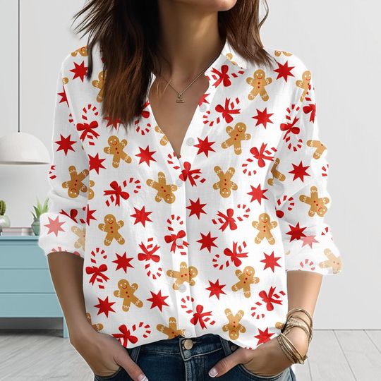 Discover Gingerbread Christmas Blouse Shirt, Candy Cane Holiday Linen-Look Shirt, Xmas Star Festive Button Top, Cute Xmas Gift Idea