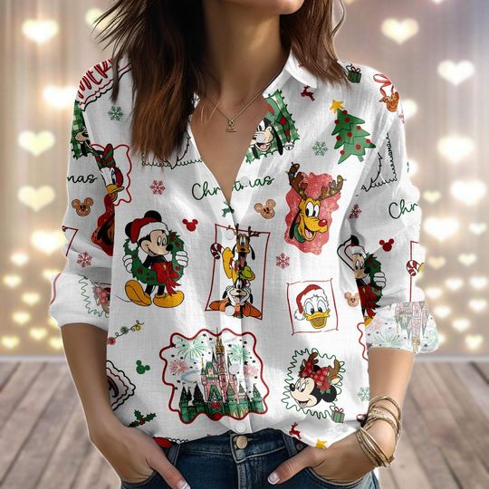 Discover Disney Merry Christmas Linen-Look Shirt, Mickey And Friends Blouse Shirt, Magic Castle Women Shirt, Disneyland Trip 2025 Button Shirt