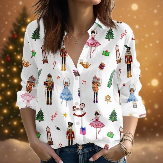 Discover Nutcracker Christmas Blouse Shirt, Funny Christmas Women Shirt, Nutcracker Ballet Linen-Look Shirt, Merry Christmas Button Up Shirt