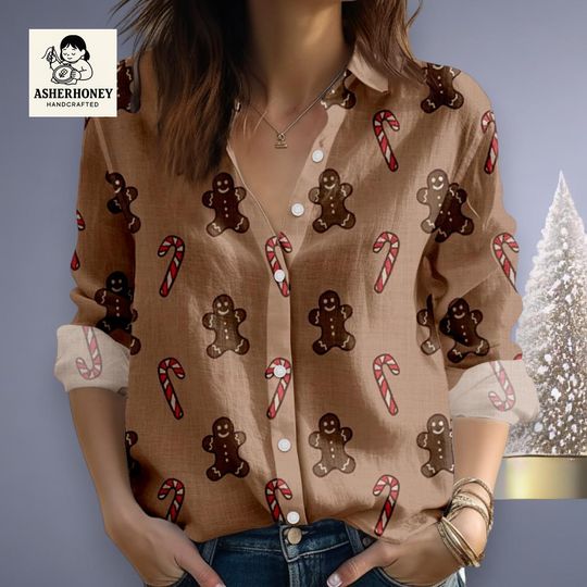 Discover Gingerbread and Candy Cane Print Linen Look Blouse Shirt, Christmas Holiday Button Up Top, Festive Winter Long Sleeve Casual Shirt