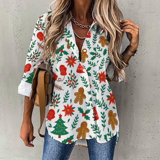 Discover Holiday Christmas Print Blouse: Christmastree and Gingerbread  Women's Long Sleeve Polyester Shirt