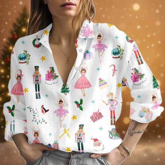 Nutcracker Christmas Blouse Shirt, Funny Christmas Women Shirt, Nutcracker Ballet Linen-Look Shirt, Merry Christmas Button Shirt Gift