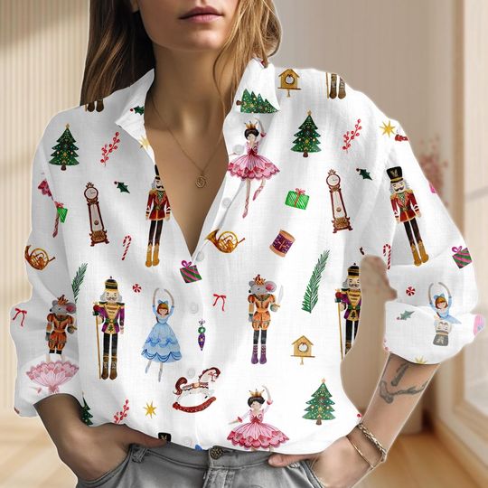 Nutcracker Christmas Linen-Look Shirt, Funny Christmas Women Shirt, Nutcracker Ballet Blouse Shirt, Merry Christmas Button Shirt