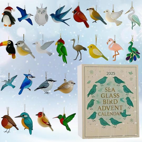 Discover Bird Advent Calendar 2025, 24-Day Coastal Christmas Countdown, Sea Glass Ornaments, Unique Holiday Decor & Gift for Beach and Nature Lovers