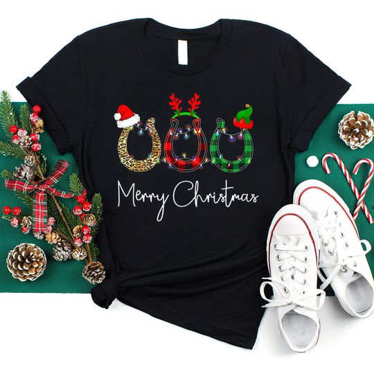 Discover Christmas Horse Shirt, Santa Reindeer Horse Christmas Horseshoe Classic T-Shirt