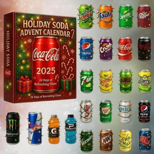 Discover Holiday Soda Advent Calendar 2025, Energy Drink Red Bull Can Ornaments, Coca-Cola Christmas Countdown, Colorful Beverage Collectible