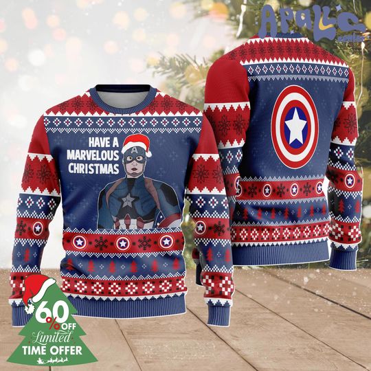 Have A Marvelous Christmas, Captain America Ugly Sweater, Superhero Movie Inspired Ugly Christmas Sweater