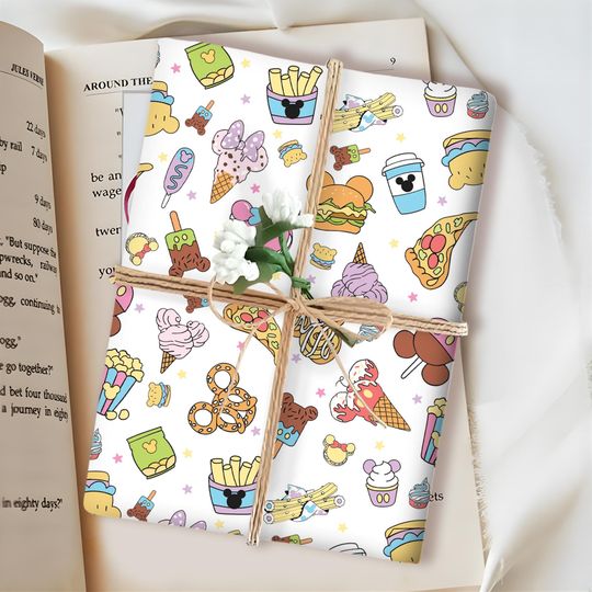 Discover Disney Mickey Mouse Snacks Pretzel Ice Cream Wrapping Papers, Pastel Disney Food  Wrap Gift, Disneyland Gift Wrap For Birthday or Christmas