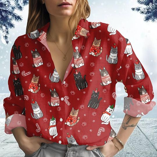 Discover Christmas Cat Blouse Shirt, Cat Santa Hat Holiday Shirt, Meowy Catmas Xmas Shirt, Cute Pet Christmas Shirt, Cat Lover Gift