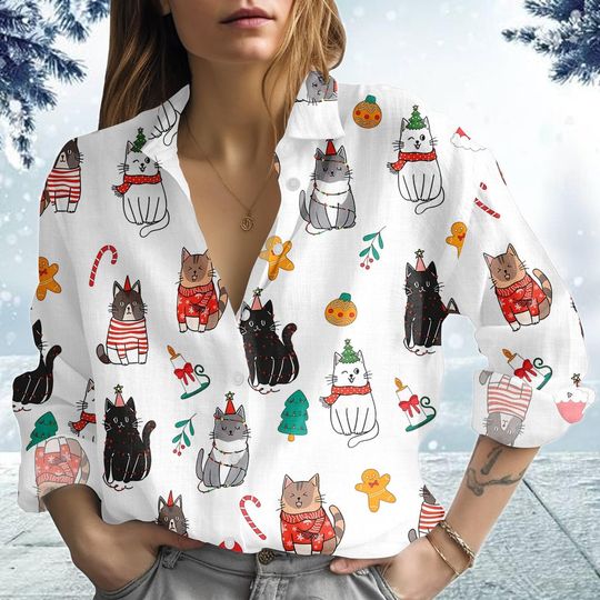 Discover Meowy Christmas Blouse Shirt, Happy Cat Year Women Shirt, Pets Shirt For Her, Tis The Season Shirt, Xmas Party Gift