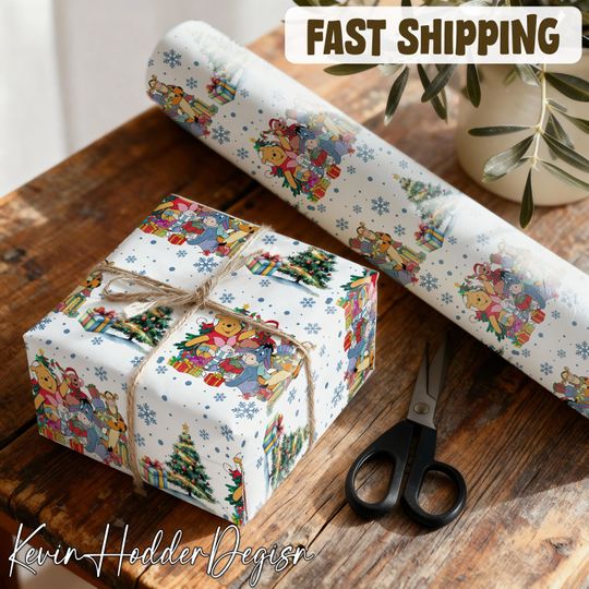 Discover Vintage Pooh Bear Wrapping Paper, Classic Merry Christmas Gift Wrap, Nostalgic Coquette Bow Baby Shower Birthday Decorative Paper