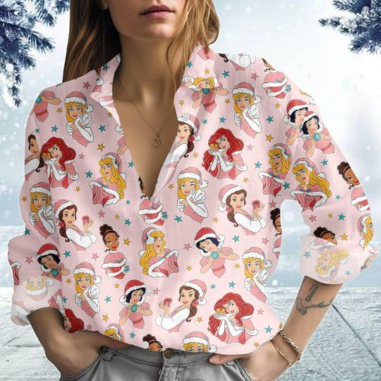Discover Christmas Princess Blouse Shirt, Ariel Belle Jasmine Cinde Shirt, Santa Princess Holiday Shirt, Xmas Party Gift