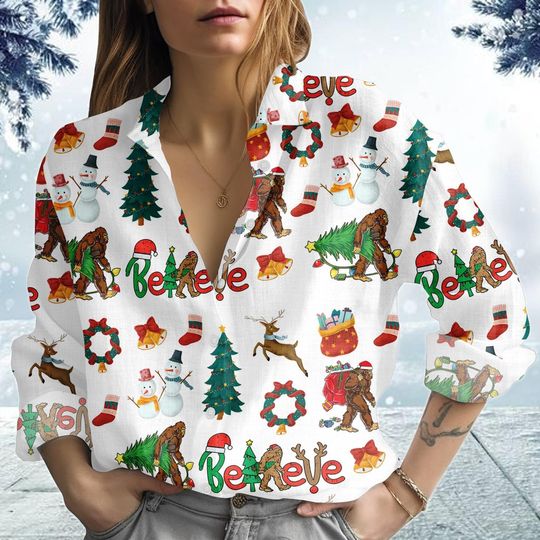 Discover Christmas Bigfoot Blouse Shirt, Santa Sasquatch Women Shirt, Monster Xmas Shirt, Bigfoot Believe Shirt, Christmas Gift