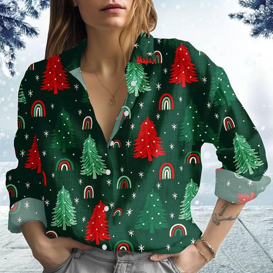 Discover Christmas Tree Blouse Shirt, Red Xmas Shirt, Snowfake Women Shirt, Christmas Party Gift, Gift For Her