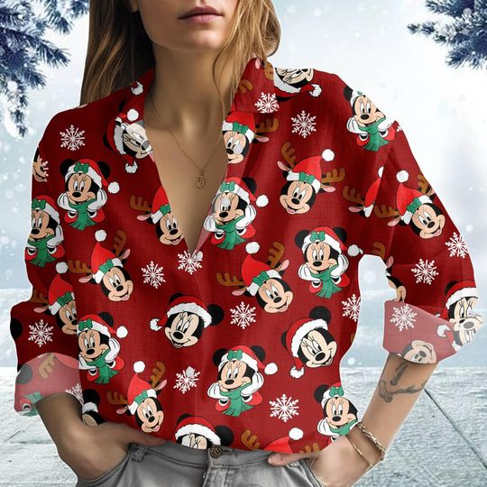 Discover Christmas Disney Mickey Mouse Blouse Shirt, Disney Mouse Women Shirt, Mickey And Minnie Head Casual Shirt, Xmas Gift