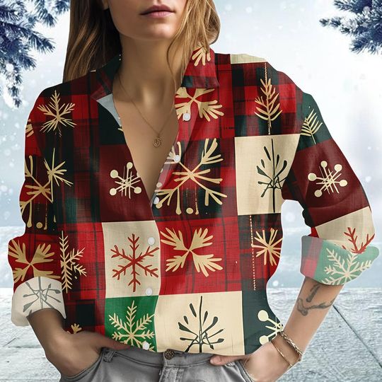 Discover Trendy Plaid Christmas Blouse Shirt, Snowflake Holiday Shirt, Xmas Women Shirt, Christmas Gift