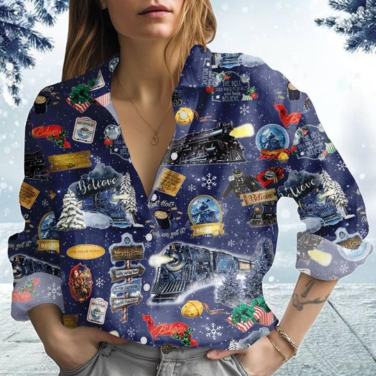 Discover Polar Express Blouse Shirt, Christmas Believe Xmas Shirt, Christmas Train Women Shirt, North Pole Holiday Shirt, Xmas Gift
