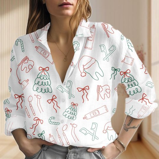 Discover Merry Christmas 2025 Linen-Look Shirt, Dentistry Xmas Blouse Shirt, Funny Xmas Party  Shirts For Women, Santa Hat Candy Casual Shirt