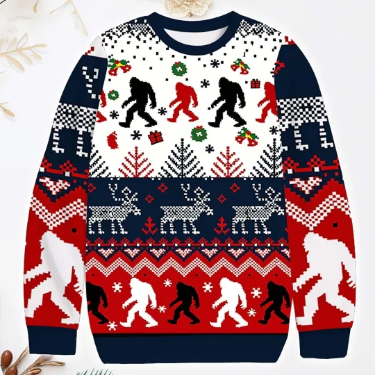 Discover Walking Bigfoot Ugly Christmas Sweatshirt, Funny Sasquatch Yeti Holiday Gift