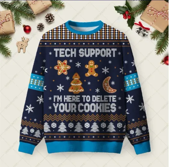 Discover Tech Support Computer Programmer Blue Ugly Christmas Fuzzy Fleece Sweatshirt