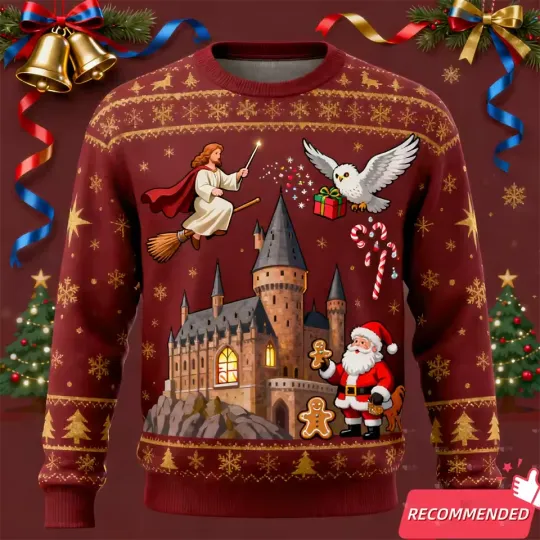 Wizard Christmas Sweater Hogwarts Castle Santa Holiday Ugly Jumper