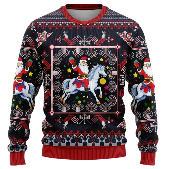 Funny Santa Riding Unicorn Horse Ugly Christmas Sweater Xmas Gift Jumper