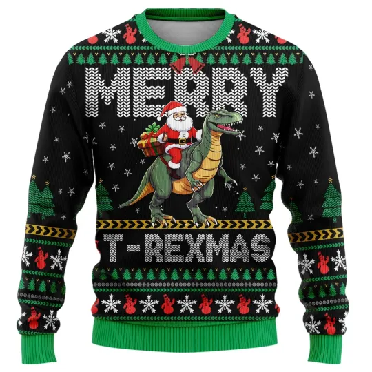 Discover Funny Santa Riding T-Rex Ugly Christmas Sweater Dinosaur T-Rexmas Holiday Jumper