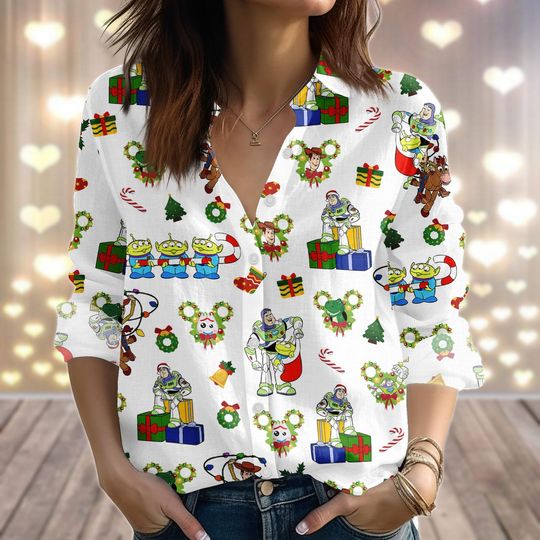 Discover Toy Story Christmas Linen-Look Shirt, Disneyland Family Blouse Shirt, Xmas Vacation Shirt, Cartoon Christmas Casual Shirt, Xmas Gift