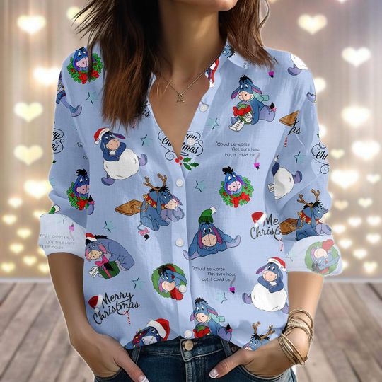 Discover Eeyore Pooh Christmas Linen-Look Shirt, Winnie The Pooh Xmas Blouse Shirt, Disney Vacation Shirt, Cartoon Xmas Casual Shirt For Holiday