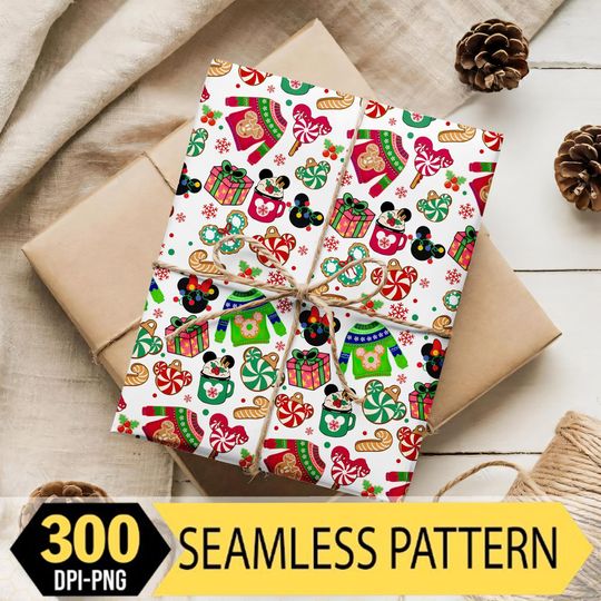 Discover Christmas Disneyland Seamless Pattern Png, Mickey Minnie Gift Wrap, Holiday Disneyland Packaging, holiday gifts, Christmas Gift