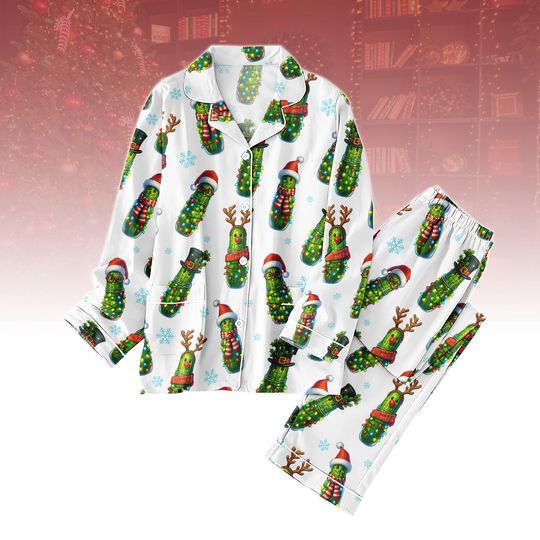 Funny Pickle Christmas Thick Pajamas Set, Holiday Pickle Print Matching PJs