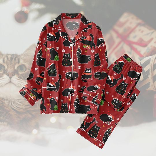 Discover Black Cat Christmas Pajamas Set, Cute Cat Xmas Family Matching Pajamas