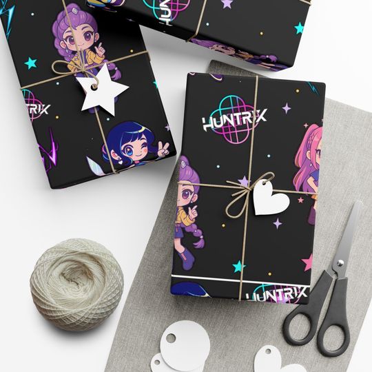 KPop Demon Hunters Wrapping Paper, Anime Birthday Gift Wrap, Manga Chibi Idol Style, Korean Music Fan, Dark Neon Aesthetic