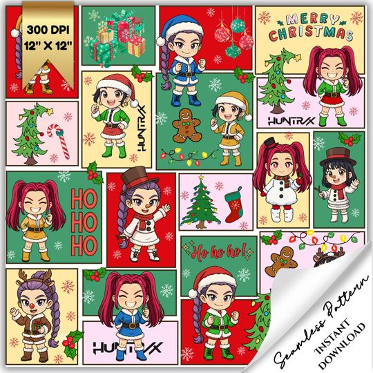 Discover KPop Demon Hunters Christmas Seamless Pattern, KPop Hunters Digital Paper, Demon Hunters Repeating Pattern, Checkered Pattern