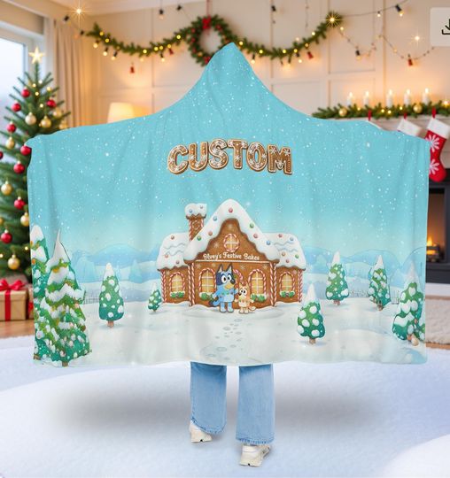BlueyDad Gingerbread Cottage Hooded Blanket with Custom Name, Wearable Snuggie for Christmas 2025