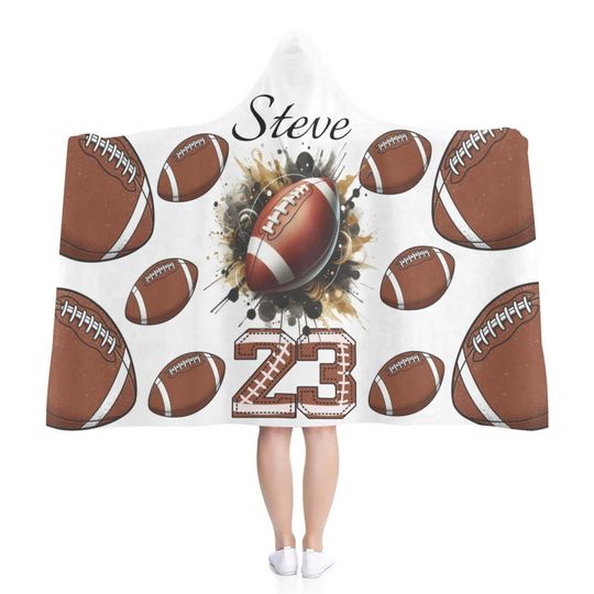 Custom Name Football Hooded Blanket, Soft Flannel, Rugby Gift