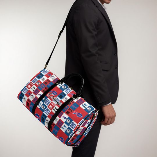Personalized Football Fan Leather Travel Weekender Bag with Custom Name, Red & Blue Sports Carry-On for Football Lovers