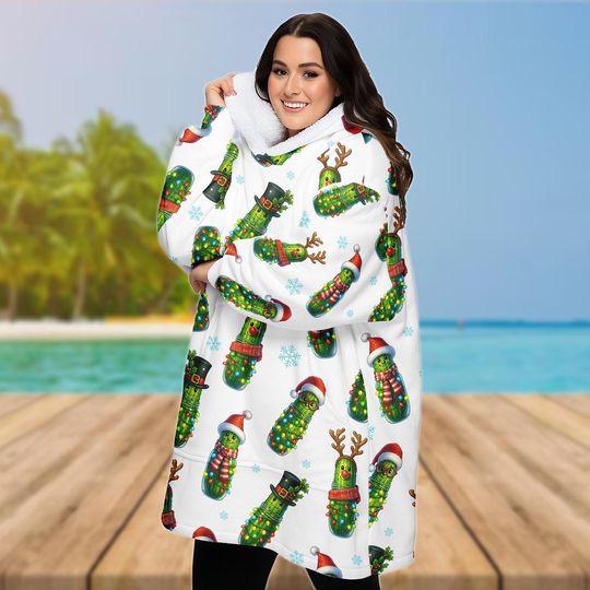 Discover Christmas Pickle Blanket Hoodie, Cozy Oversized Holiday Wear for Women