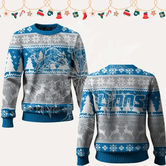 Discover 2025 Christmas Lions Reindeer Football Ugly Sweater