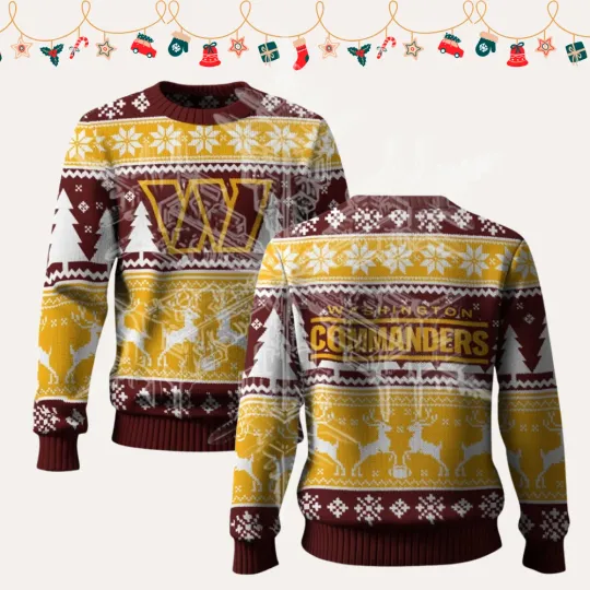 Discover 2025 Christmas Com.man.ders Reindeer Football Ugly Sweater