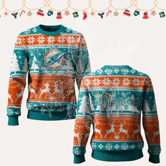 Discover 2025 Christmas Dolphins Reindeer Football Ugly Sweater
