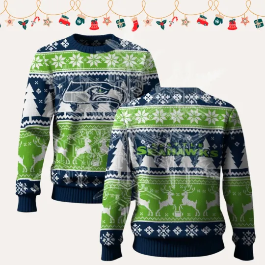 Discover 2025 Christmas Sea.haw.ks Reindeer Football Ugly Sweater