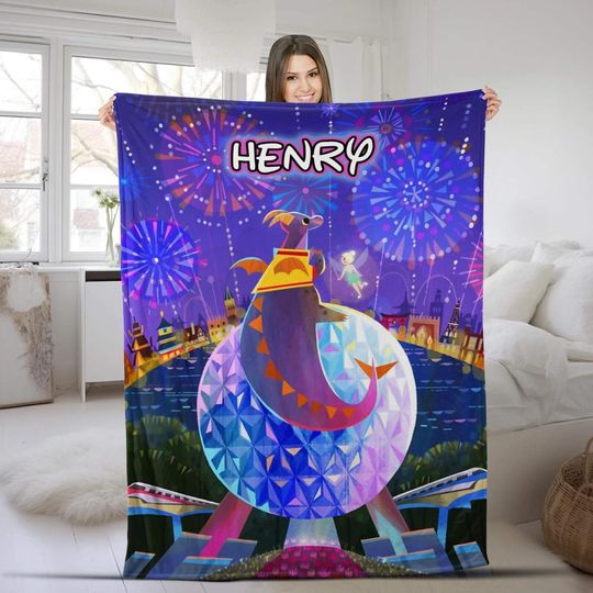 Personalized Disneyland Figment Spaceship Earth Plush Fleece Blanket, DisneyEpcot Center Blanket, Figment Dragon Matching,Christmas Gifts