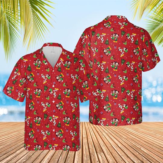 Discover Disney Mickey Minnie Mouse Christmas Hawaiian Shirt, Mickey's Very Merry Christmas Party Button Shirt, Mickey Candy Xmas Holiday Tee