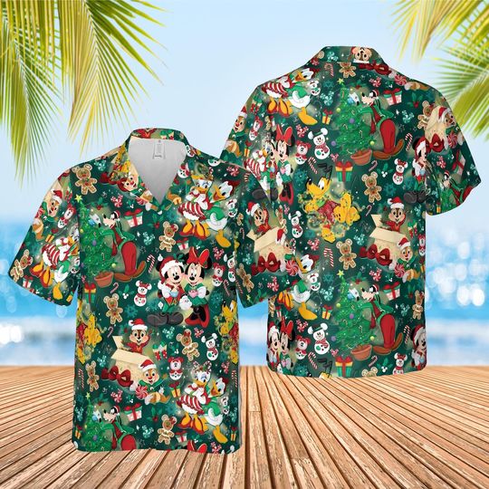 Discover Disney Mickey Mouse Minnie Christmas Hawaiian Shirt, Mickey's Very Merry Christmas Party Button Shirt, Disneyland Candy Xmas Holiday